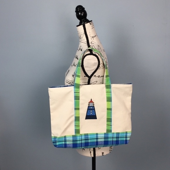 Lighthouse Nautical Themed Plaid Cotton Tote Bag - Picture 6 of 13